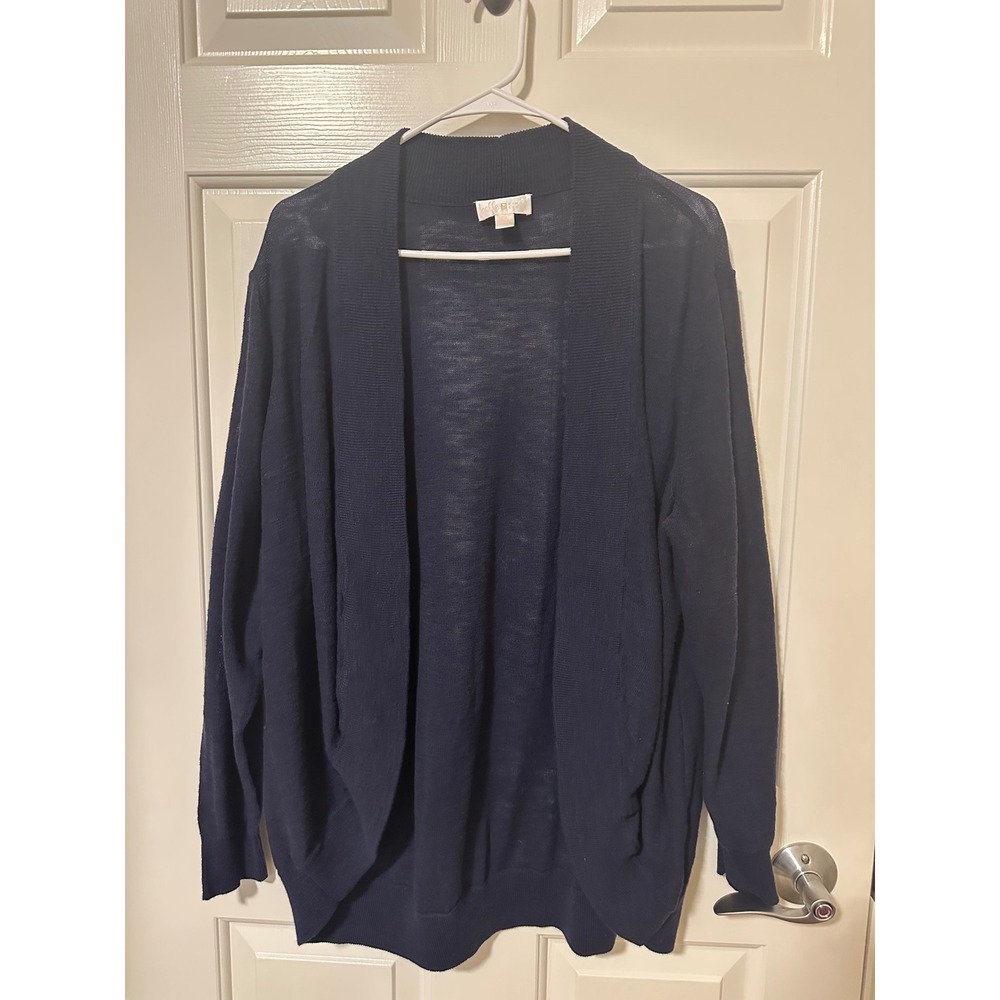 Belle Kim Gravel Cardigan Women 2X Navy Blue Open Front Draped Cotton Viscose